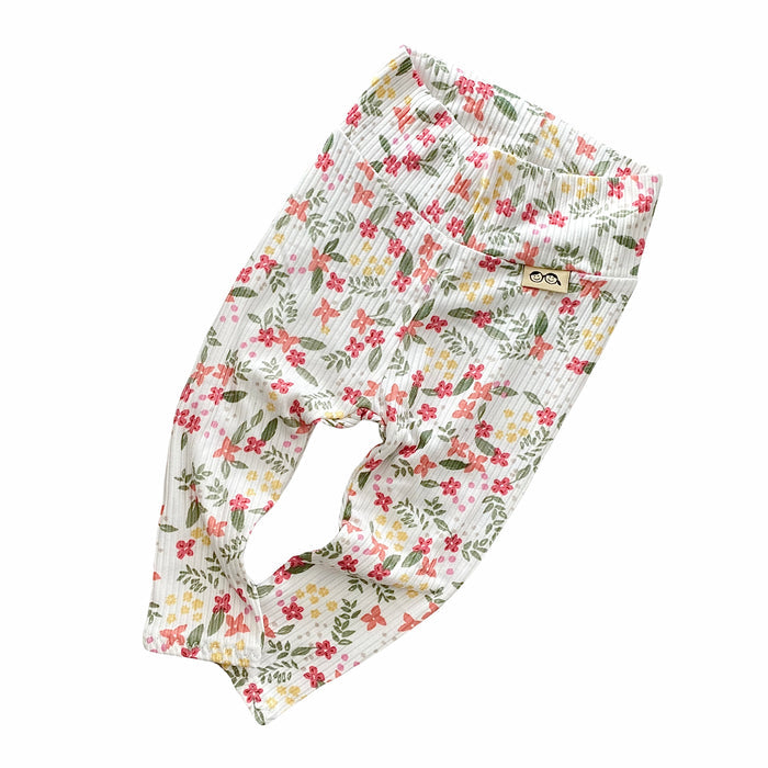 Colorful Dainty Flowers on White Ribbed Leggings