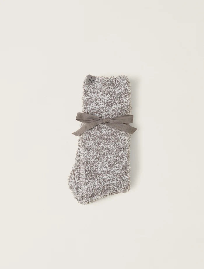 A pair of heathered charcoal socks with a bow detail, laid out on a plain background.