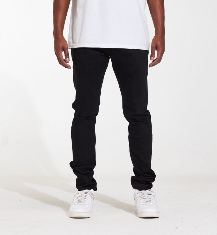 Crysp Denim Atlantic Black Ripped Denim Jeans, front view with distressed detailing and classic five-pocket design
