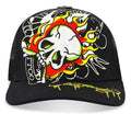 Embroidered black trucker hat featuring Ed Hardy fire skull design