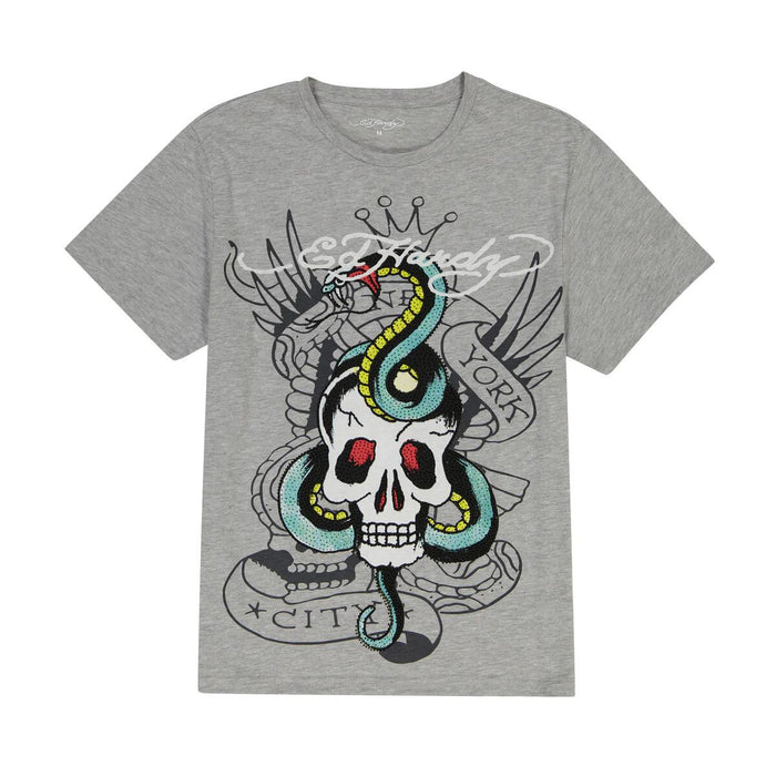 Stylish and edgy Ed Hardy Rhinestone Skull Snake SS Tee in Heather Grey, featuring intricate design details