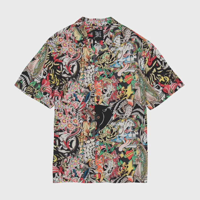 Ed Hardy Tattoo Collage Print Button Up in Multi-color with intricate tattoo designs and vibrant patterns for a bold and edgy look