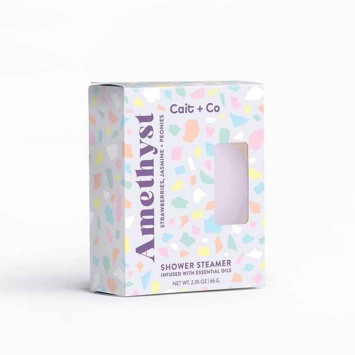 Amethyst shower steamer from Cait + Co against white background