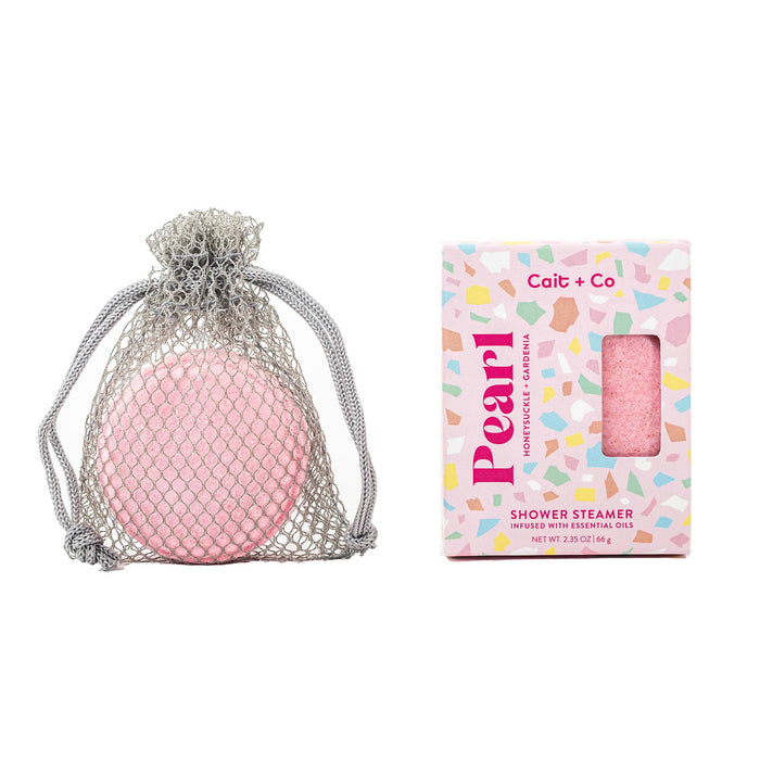 Pink pearl shower steamer in and out of packaging