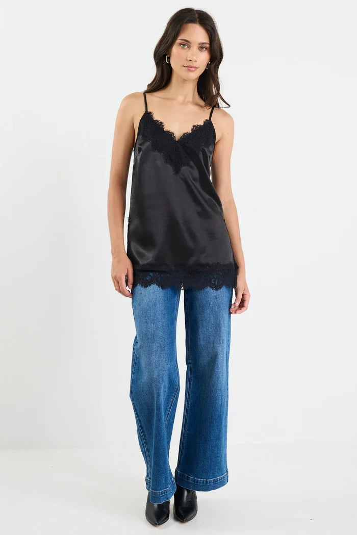 Georgia Zoe Noir - Black Satin Lace Trim Cami Hyde Boutique