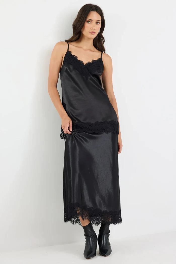 Georgia Zoe Noir - Black Satin Lace Trim Cami Hyde Boutique