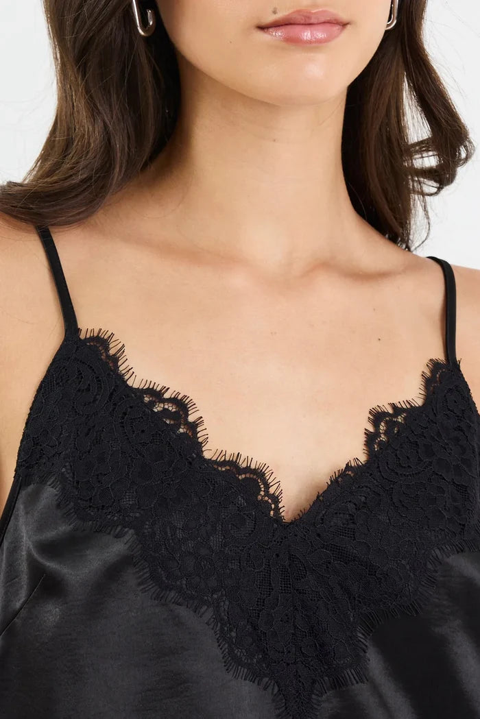 Georgia Zoe Noir - Black Satin Lace Trim Cami Hyde Boutique