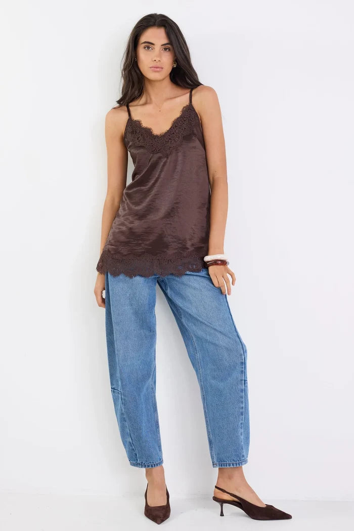 Georgia Zoe Noir - Chocolate Satin Lace Trim Cami Clothing > Tops > Camisoles > Satin Camisoles > Lace Trim Camisoles > Georgia Zoe Hyde Boutique