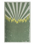 Green and yellow abstract design with sunburst pattern on a textured background