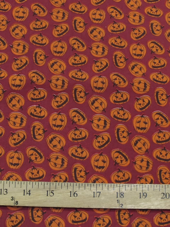 Halloween Pumpkins Burgundy Poly Cotton Fabric