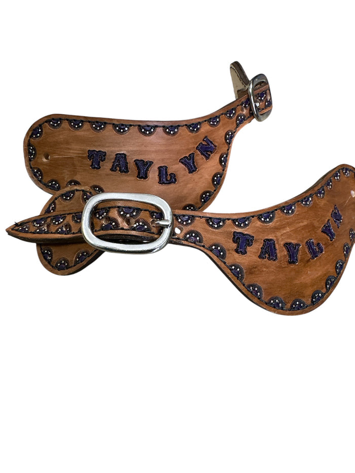 Hand tooled and painted custom spur straps purple
