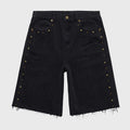 Close-up of Homme + Femme Studded Denim Shorts in Black Stone Wash, featuring distressed details and silver studs