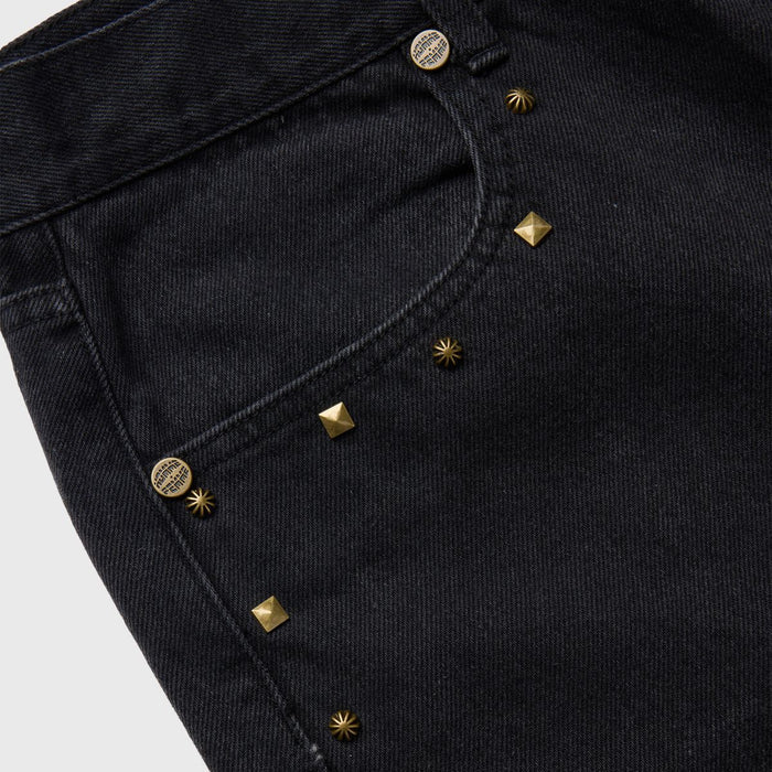 Pair of Homme + Femme black stone wash denim shorts with studded detail