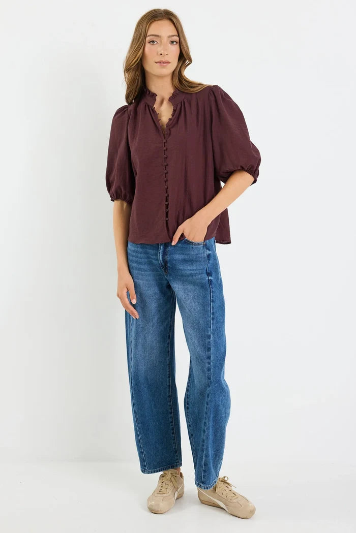 Ivy + Jack Continuance Semi Sheer High Neck Buttoned Short Sleeve Top - Navy Apparel > Women > Clothing > Tops > Short Sleeve Tops > Ivy Jack Hyde Boutique
