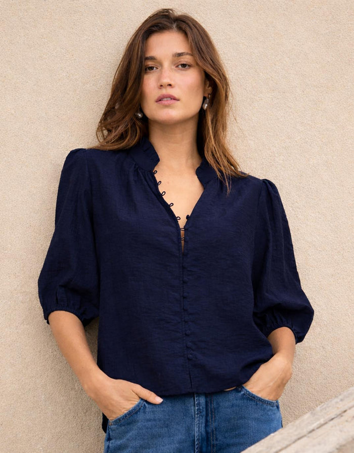 Ivy + Jack Continuance Semi Sheer High Neck Buttoned Short Sleeve Top - Navy Apparel > Women > Clothing > Tops > Short Sleeve Tops > Ivy Jack Hyde Boutique