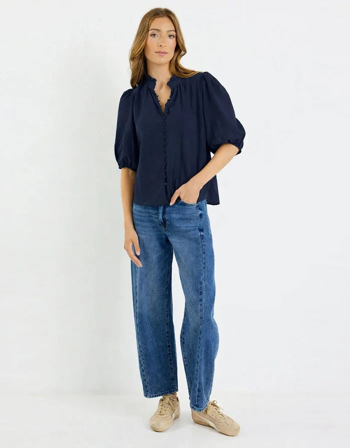 Ivy + Jack Continuance Semi Sheer High Neck Buttoned Short Sleeve Top - Navy Apparel > Women > Clothing > Tops > Short Sleeve Tops > Ivy Jack Hyde Boutique