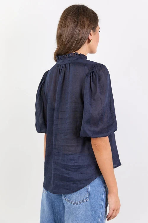Ivy + Jack Continuance Semi Sheer High Neck Buttoned Short Sleeve Top - Navy Apparel > Women > Clothing > Tops > Short Sleeve Tops > Ivy Jack Hyde Boutique