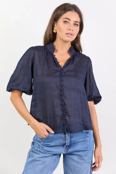 Ivy + Jack Continuance Semi Sheer High Neck Buttoned Short Sleeve Top - Navy Apparel > Women > Clothing > Tops > Short Sleeve Tops > Ivy Jack Hyde Boutique