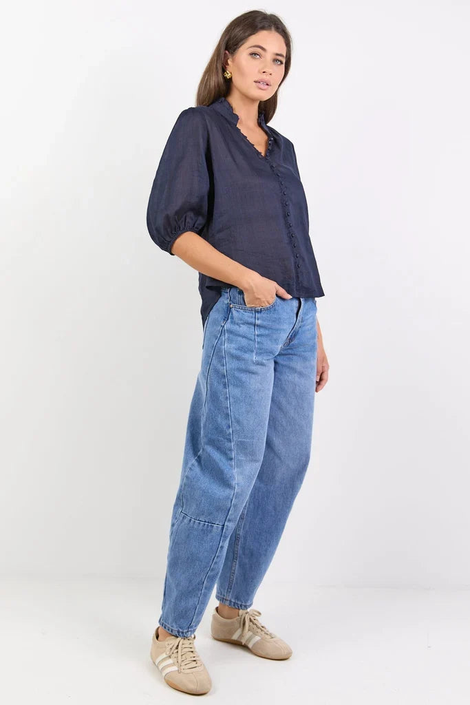Ivy + Jack Continuance Semi Sheer High Neck Buttoned Short Sleeve Top - Navy Apparel > Women > Clothing > Tops > Short Sleeve Tops > Ivy Jack Hyde Boutique