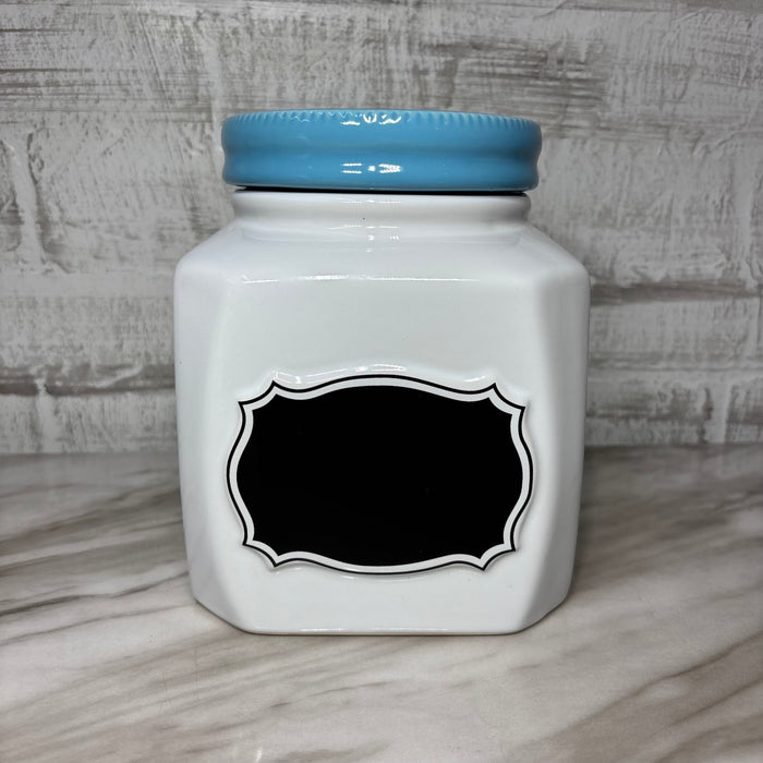 Large White Ceramic Canister with Blue Lid and Chalkboard Label