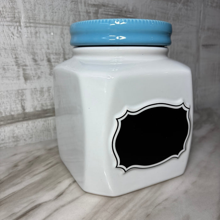 Large White Ceramic Canister with Blue Lid and Chalkboard Label