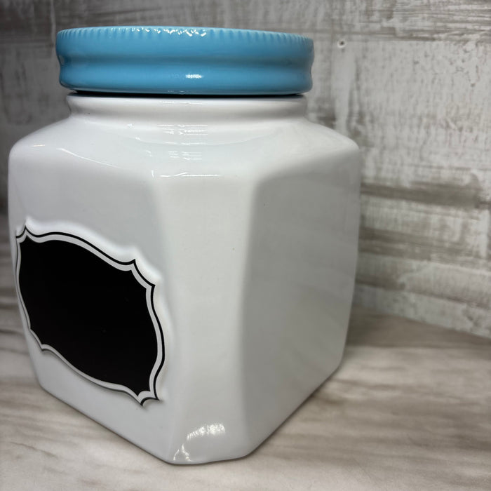 Large White Ceramic Canister with Blue Lid and Chalkboard Label