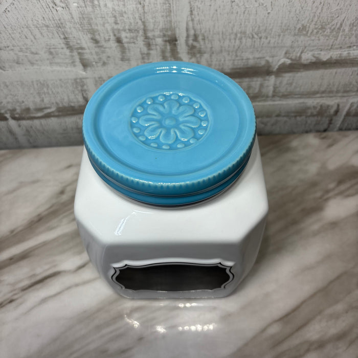 Large White Ceramic Canister with Blue Lid and Chalkboard Label
