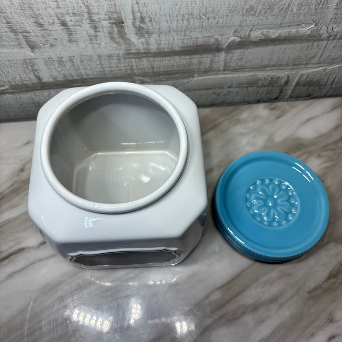 Large White Ceramic Canister with Blue Lid and Chalkboard Label
