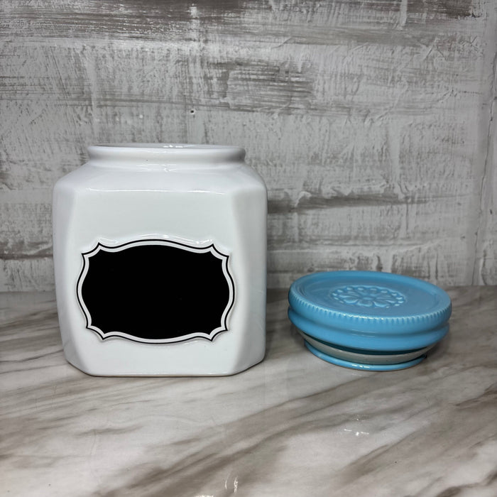 Large White Ceramic Canister with Blue Lid and Chalkboard Label
