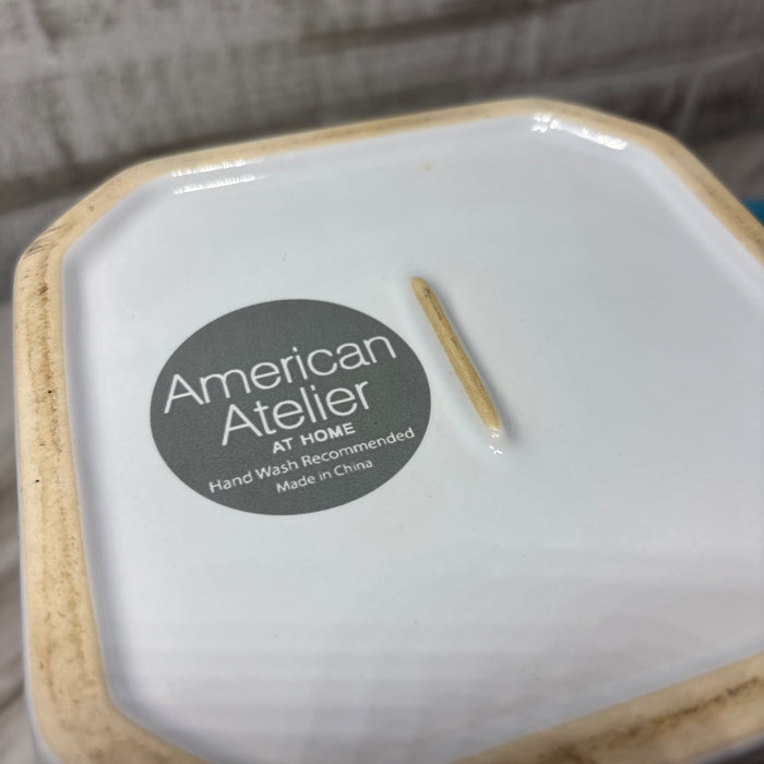 Large White Ceramic Canister with Blue Lid and Chalkboard Label