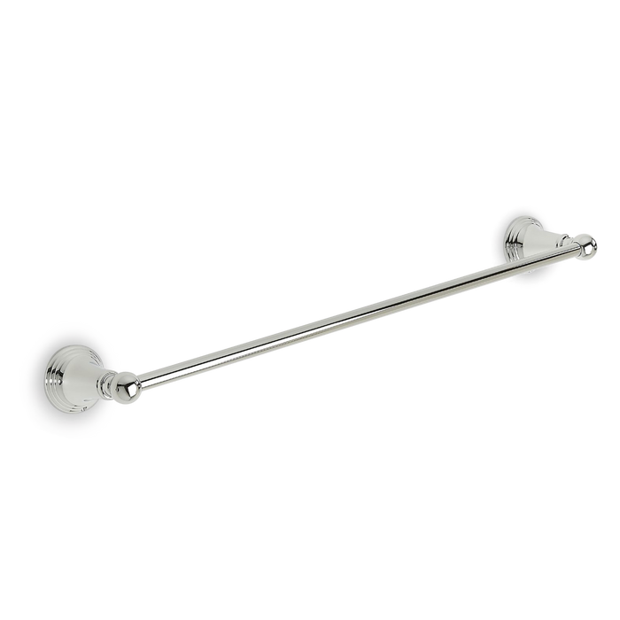 A beautiful, transitional, towel bar with ridged patterns at its bases.