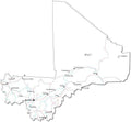Mali Black & White Map with Capital, Major Cities, Roads, and Water Features