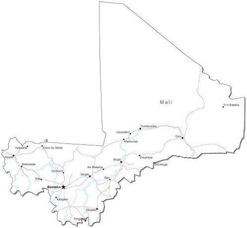 Mali Black & White Map with Capital, Major Cities, Roads, and Water Features