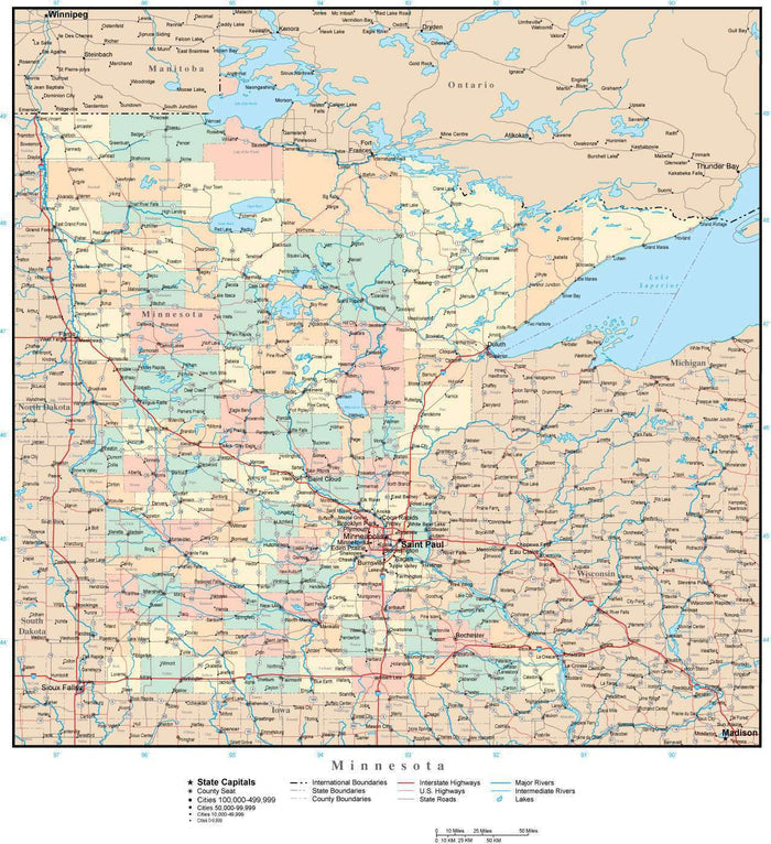 Minnesota Map with Counties, Cities, County Seats, Major Roads, Rivers and Lakes