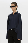 Moreno Long Sleeve Polo Top - Navy Hyde Boutique