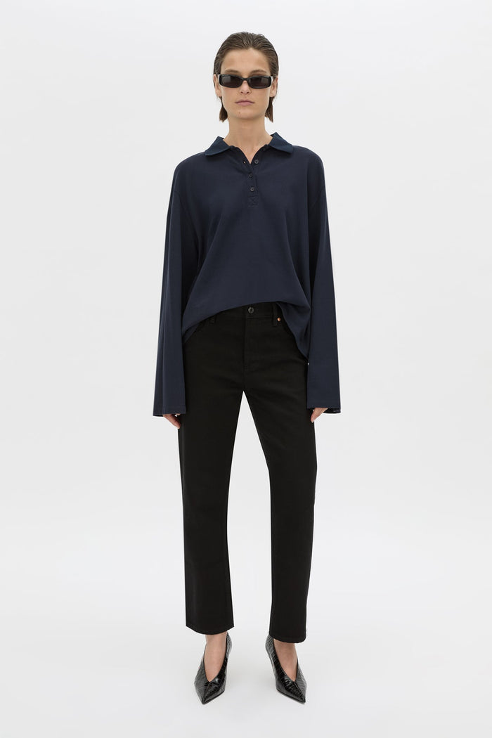 Moreno Long Sleeve Polo Top - Navy Hyde Boutique
