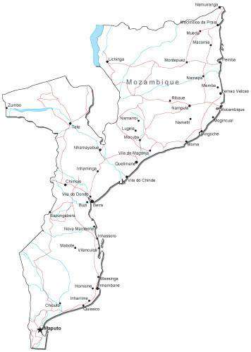 Mozambique Black & White Map with Capital, Major Cities, Roads, and Water Features