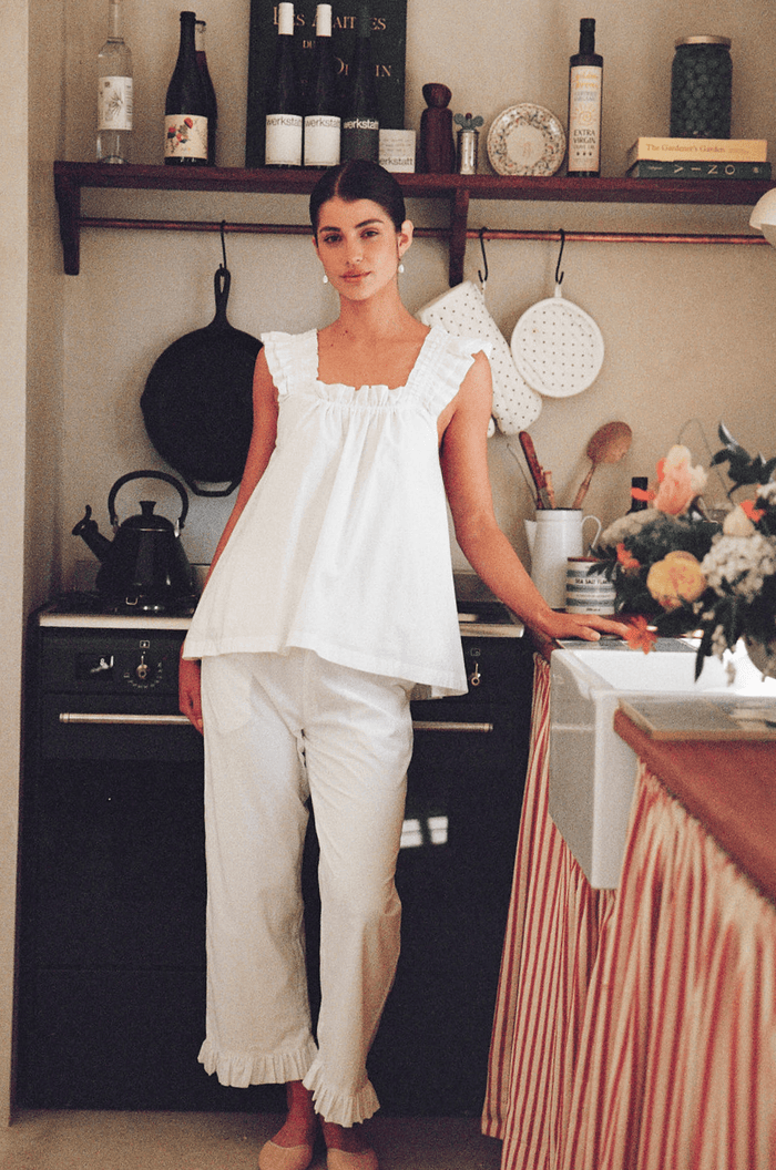 Piyama Nicolette Sleep Set - Pants - White Washed Cotton — front view