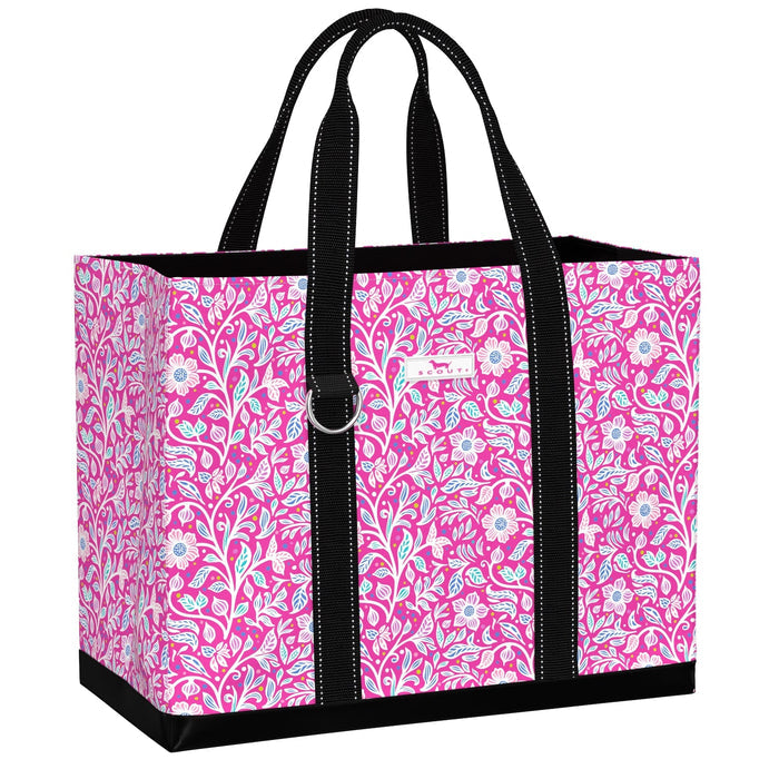 Pink floral patterned tote bag with black handles on a white background
