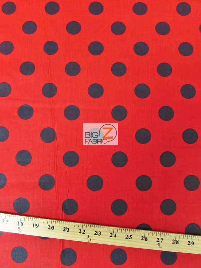 Poly Cotton Printed Fabric Big Polka Dots / Red/Black Dots / Sold By The Yard||color:Red/Black