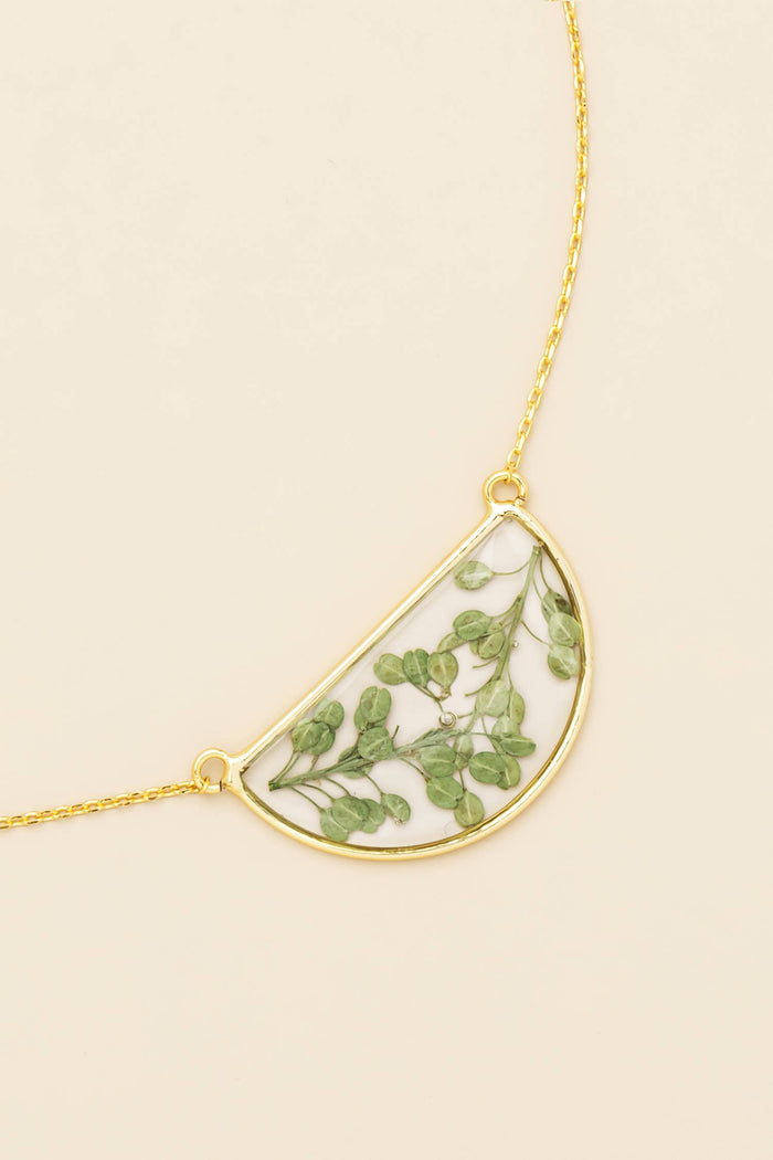 Pressed Flower Necklace - Green Peppergrass/Gold