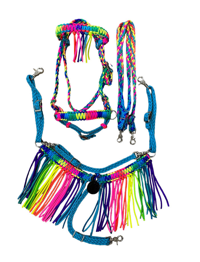 Rainbow Fringe Tack set with bitless bridle turquoise