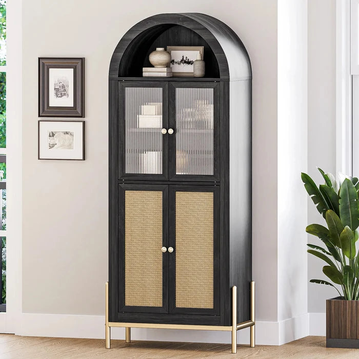 Rattan Black Arched Storage Display Cabinet Canva Home
