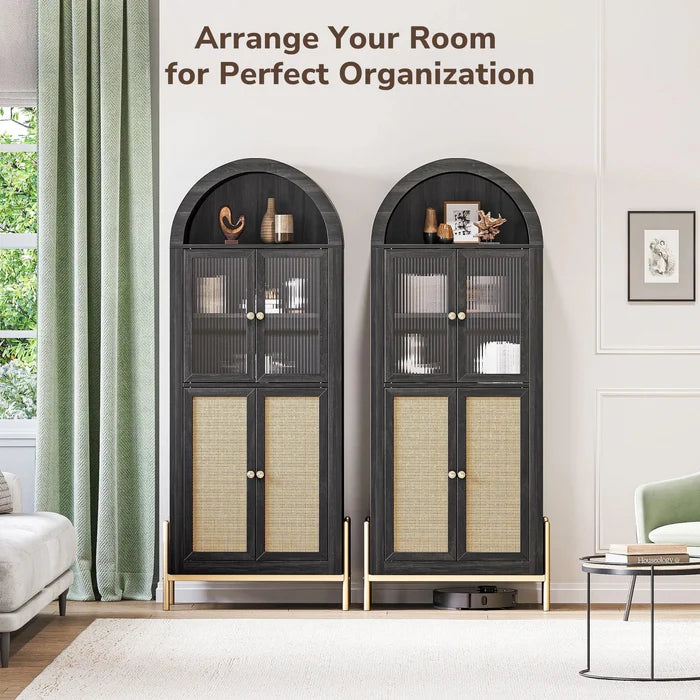 Rattan Black Arched Storage Display Cabinet Canva Home