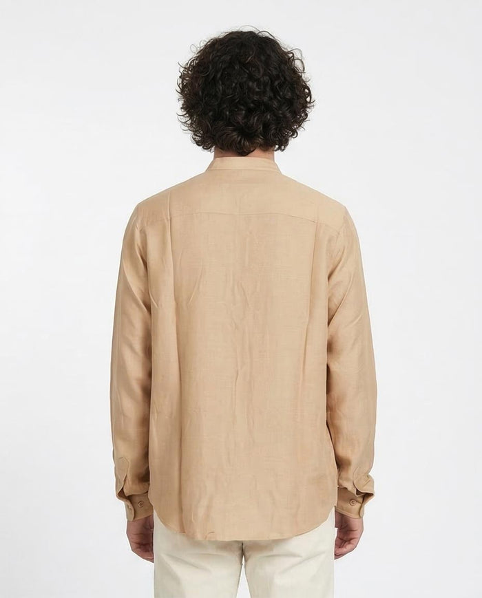Ravin Men’s Mandarin Collar Linen-Textured Shirt – Sand - O203314