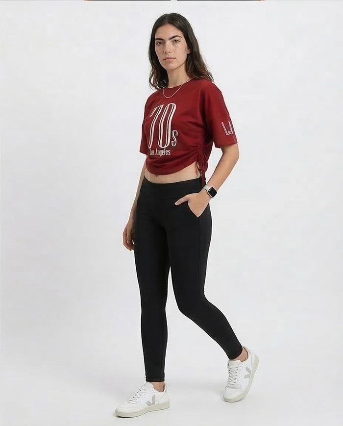 Ravin Women's 70s Los Angeles Graphic T-Shirt with Side-Cinch Drawstrings – Burgundy - O203335