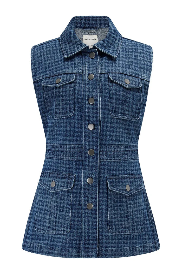 Seventy + Mochi Ani Denim Vest - Houndstooth Idaho Apparel > Women > Clothing > Outerwear > Vests > Seventy Mochi Hyde Boutique