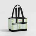 Tote bag with green leaf pattern on a light gray background