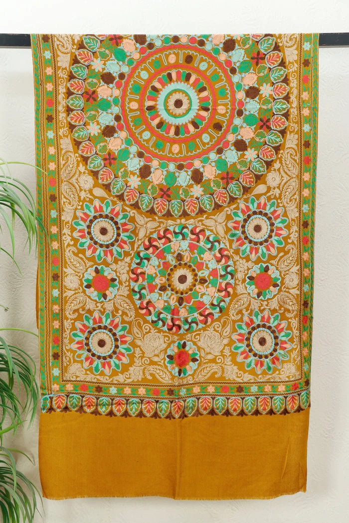 Silk embroidered Toosh stole, mustard