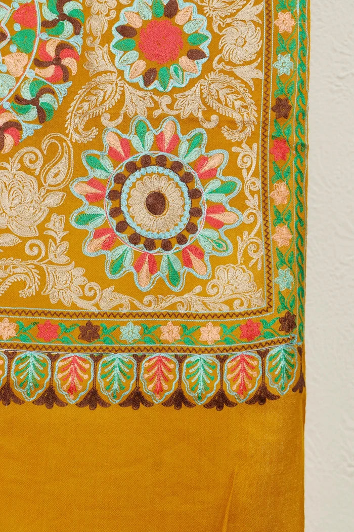 Silk Embroidered Pashmina  Stole – Versatile Handcrafted  Mustard Stole